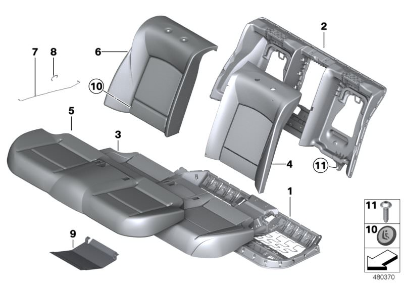 Picture board Seat, rear, cushion, & cover, basic seat for the BMW 7 Series models  Original BMW spare parts from the electronic parts catalog (ETK) for BMW motor vehicles (car)   backrest frame el. fa, Button Isofix, Clamp, Cover, basic backrest, A/C lea