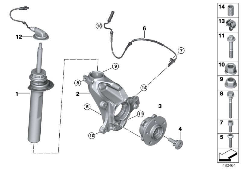 Picture board Spring strut, front VDC / mounting parts for the BMW 2 Series models  Original BMW spare parts from the electronic parts catalog (ETK) for BMW motor vehicles (car)   ASA-Bolt, Cable clamp, Collar bolt with compression spring, Crash lever, ri