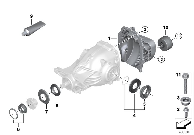 Picture board Rear-axle-drive parts for the BMW 6 Series models  Original BMW spare parts from the electronic parts catalog (ETK) for BMW motor vehicles (car)   Assembly ring, Cover, rear, dustcover plate, small, Flanged cap screw, Gasket set differential
