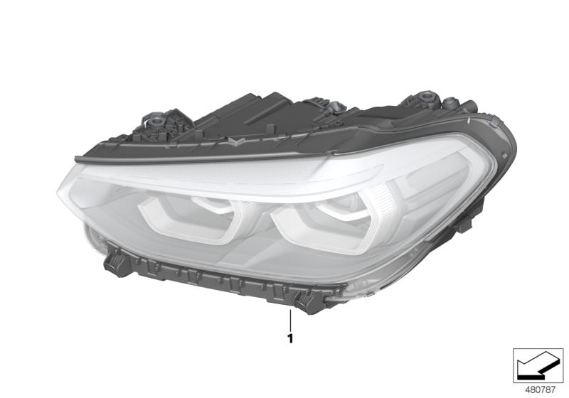Picture board Headlight for the BMW X Series models  Original BMW spare parts from the electronic parts catalog (ETK) for BMW motor vehicles (car)   Headlight LED, AHL, left