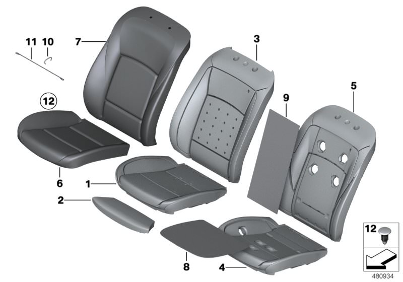 Picture board Seat, front, cushion and cover, Lines for the BMW 5 Series models  Original BMW spare parts from the electronic parts catalog (ETK) for BMW motor vehicles (car)   Clamp, Cover,basic backrest,nappa leather,right, Foam pad basic backrest right
