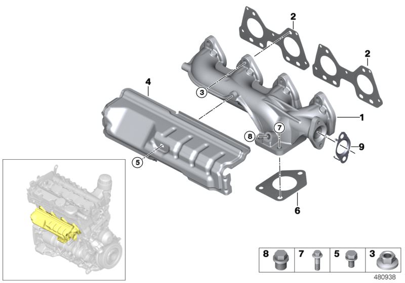Picture board EXHAUST MANIFOLD-AGR for the BMW X Series models  Original BMW spare parts from the electronic parts catalog (ETK) for BMW motor vehicles (car)   Exhaust manifold, Flange nut, Gasket Asbestos Free, Gasket Steel, HEAT PROTECTION SHIELD ASBEST
