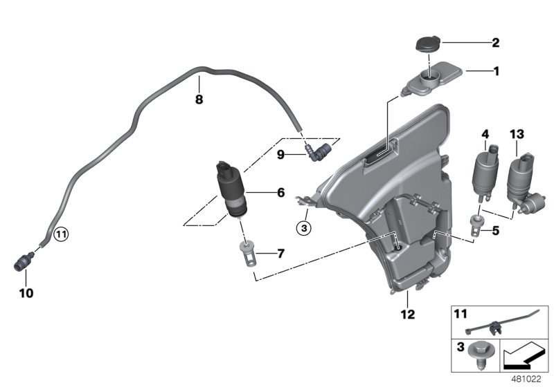 Picture board Reservoir,windscr./headlight washer sys. for the BMW 7 Series models  Original BMW spare parts from the electronic parts catalog (ETK) for BMW motor vehicles (car)   Cable strap with bracket, Cover f filler pipe, Double wash pump, Filler pip