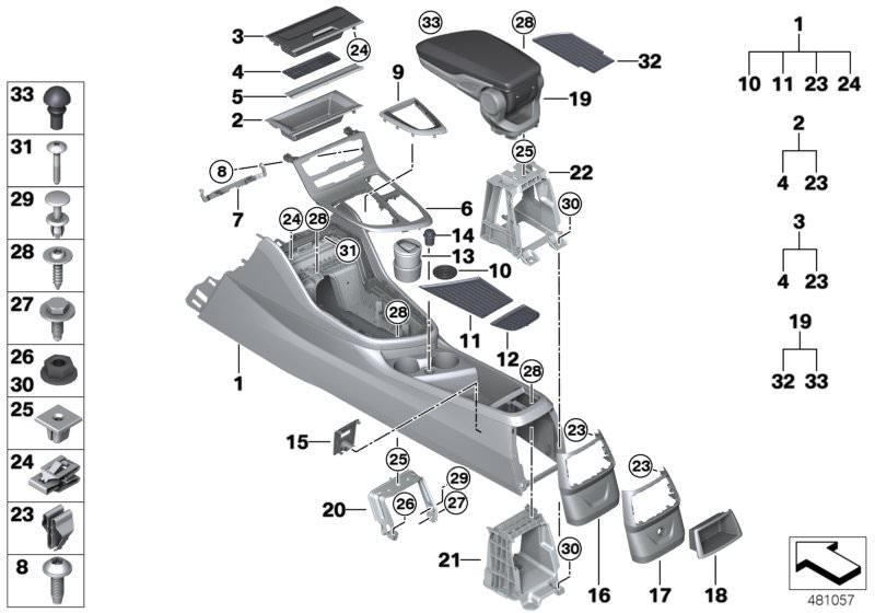 Picture board Centre console for the BMW 2 Series models  Original BMW spare parts from the electronic parts catalog (ETK) for BMW motor vehicles (car)   Ashtray with adapter, Bracket f centre console, centre, Bracket, centre console rear, BUFFER STOP F C