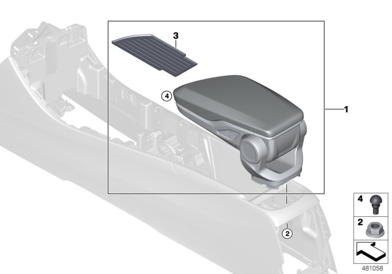 Picture board Armrest, centre console for the BMW X Series models  Original BMW spare parts from the electronic parts catalog (ETK) for BMW motor vehicles (car)   Buffer stop f center armrest cover, Centre arm rest, Hex nut, Insert mat, centre armrest