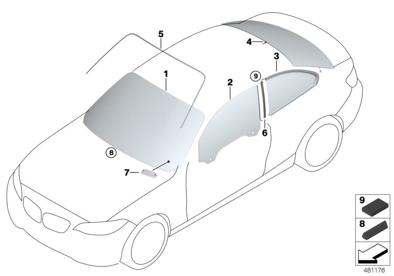 Picture board Glazing for the BMW 2 Series models  Original BMW spare parts from the electronic parts catalog (ETK) for BMW motor vehicles (car)   Bump stop, Cover, windshield, Door window, front right, Holder for vehicle identification number, Hook and l