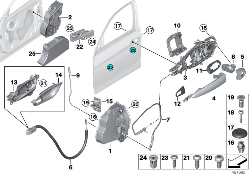 Picture board Locking system, door, front for the BMW 1 Series models  Original BMW spare parts from the electronic parts catalog (ETK) for BMW motor vehicles (car)   Base, lock cylinder right, Blind plug, Bowd.cable,outside door handle front, Bowden cabl