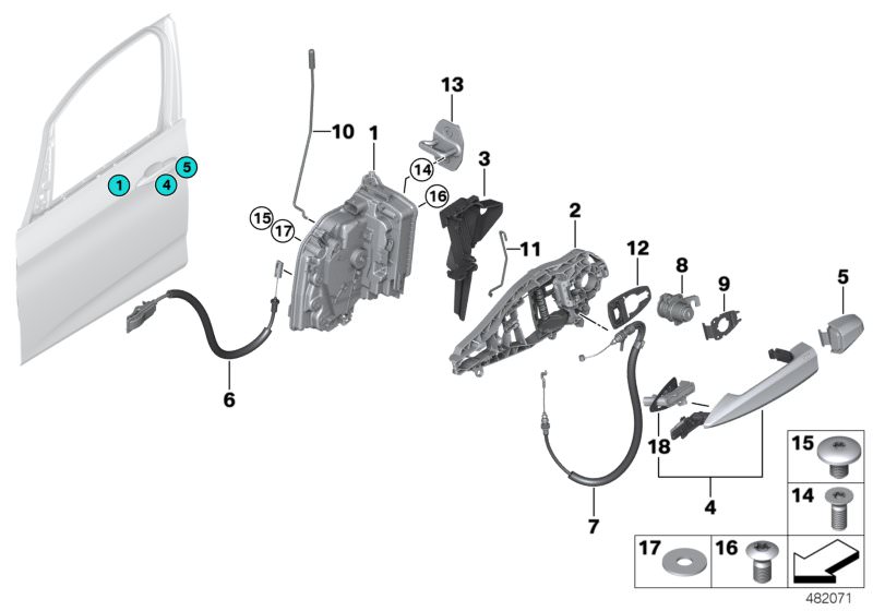 Picture board Locking system, door, front for the BMW 2 Series models  Original BMW spare parts from the electronic parts catalog (ETK) for BMW motor vehicles (car)   Bowd.cable,outside door handle front, Bowden cable, door opener, front, Carrier, outside
