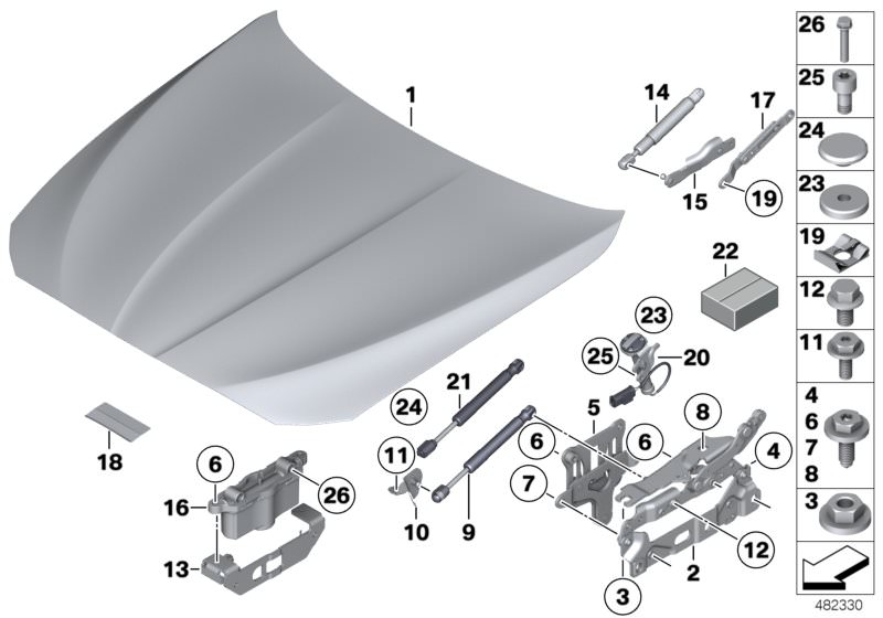 Picture board ENGINE HOOD/MOUNTING PARTS for the BMW 5 Series models  Original BMW spare parts from the electronic parts catalog (ETK) for BMW motor vehicles (car)   Actuator, rear right, Actuator, right, Adapter, ALUMINIUM ENGINE HOOD, Bracket for gas sp