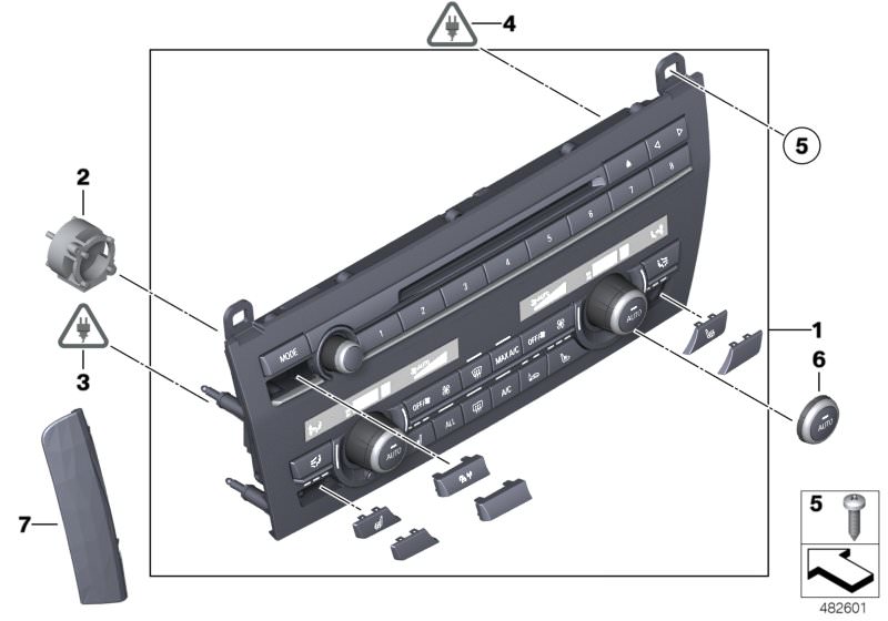 Picture board Radio and A/C control panel for the BMW 7 Series models  Original BMW spare parts from the electronic parts catalog (ETK) for BMW motor vehicles (car)   INTERIOR TEMPERATURE SENSOR FAN, Oval-head screw with washer, Repair kit, radio and A/C 