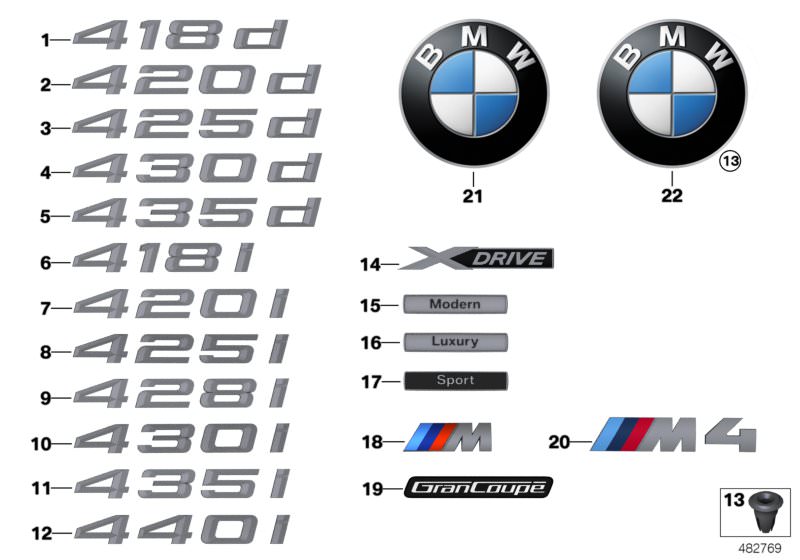 Picture board Emblems / letterings for the BMW 4 Series models  Original BMW spare parts from the electronic parts catalog (ETK) for BMW motor vehicles (car)   Emblem, Grommet, Lettering, Model designation lettering, side, Plaque