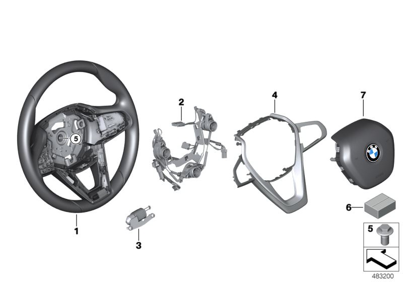 Picture board Airbag sports steering wheel multifunct. for the BMW X Series models  Original BMW spare parts from the electronic parts catalog (ETK) for BMW motor vehicles (car)   Airbag module, driver´s side, connecting line, steering wheel, Cover, steer