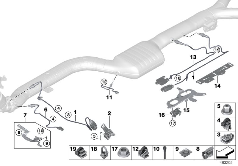 Picture board Exhaust sensors / sensor NOX / SCR for the BMW X Series models  Original BMW spare parts from the electronic parts catalog (ETK) for BMW motor vehicles (car)   Bracket, control unit, NOX, Bracket, plug connection white, Bump stop, Cable clam