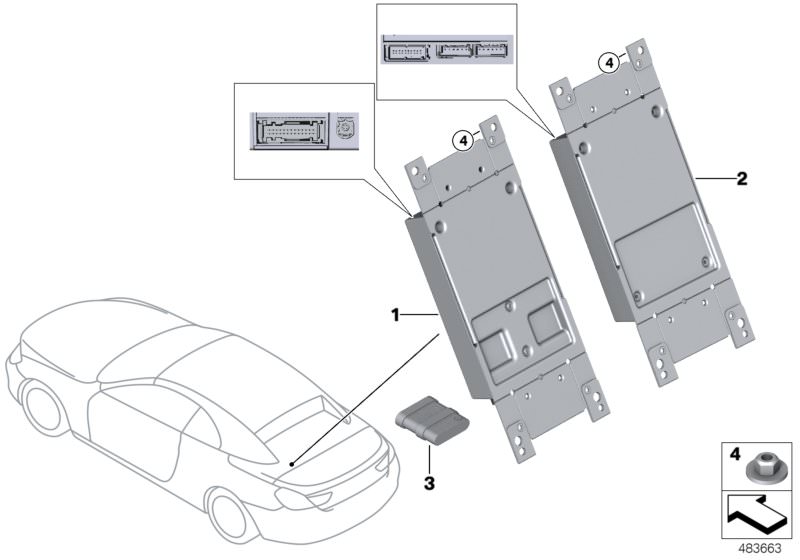 Picture board Telematics control unit for the BMW 6 Series models  Original BMW spare parts from the electronic parts catalog (ETK) for BMW motor vehicles (car)   Battery, Hex nut, Telematics control unit