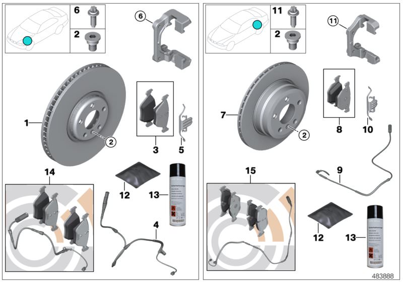 Picture board Service, brakes for the BMW 5 Series models  Original BMW spare parts from the electronic parts catalog (ETK) for BMW motor vehicles (car) 