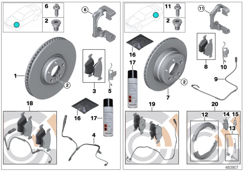 Picture board Service, brakes for the BMW X Series models  Original BMW spare parts from the electronic parts catalog (ETK) for BMW motor vehicles (car) 