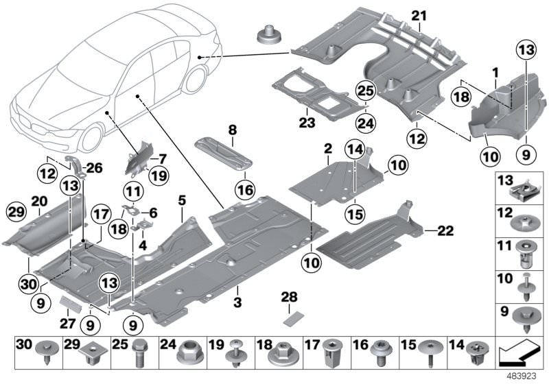 Illustration du Revêtement de soubassement pour les BMW 4 Série Modèles  Pièces de rechange d'origine BMW du catalogue de pièces électroniques (ETK) pour véhicules automobiles BMW (voiture)   Base, Body nut, Bracket underfloor panelling, left, Bracket und