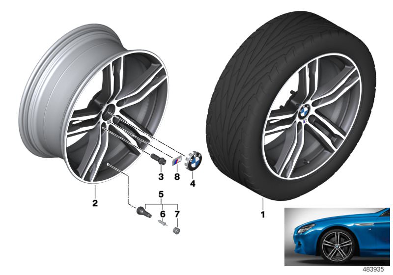 Picture board BMW LA wheel double spoke 703M - 20´´ for the BMW 6 Series models  Original BMW spare parts from the electronic parts catalog (ETK) for BMW motor vehicles (car)   Disc wheel, light alloy, Orbitgrey, Hub cap with chrome edge, M badge, Screw-i