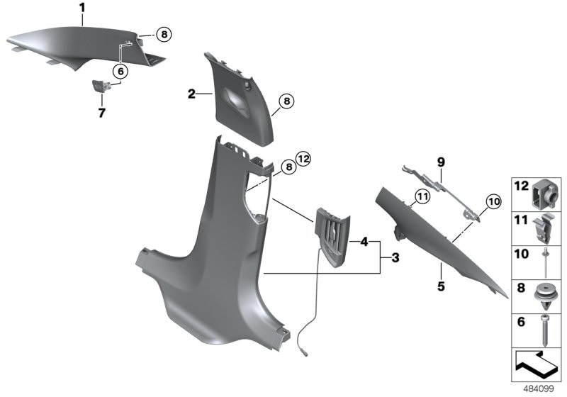 Picture board Trim panel A- / B- / C-Column for the BMW 5 Series models  Original BMW spare parts from the electronic parts catalog (ETK) for BMW motor vehicles (car)   Adapter, Blind rivet, Bracket, column C cover, right, C-pillar Alcantara top right tri