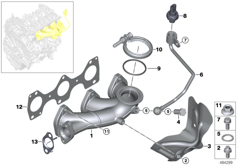 Picture board EXHAUST MANIFOLD-AGR for the BMW 2 Series models  Original BMW spare parts from the electronic parts catalog (ETK) for BMW motor vehicles (car)   Clamp, Exhaust manifold, Exhaust pressure sensor, Flange nut, Gasket ring, Gasket Steel, Heat s