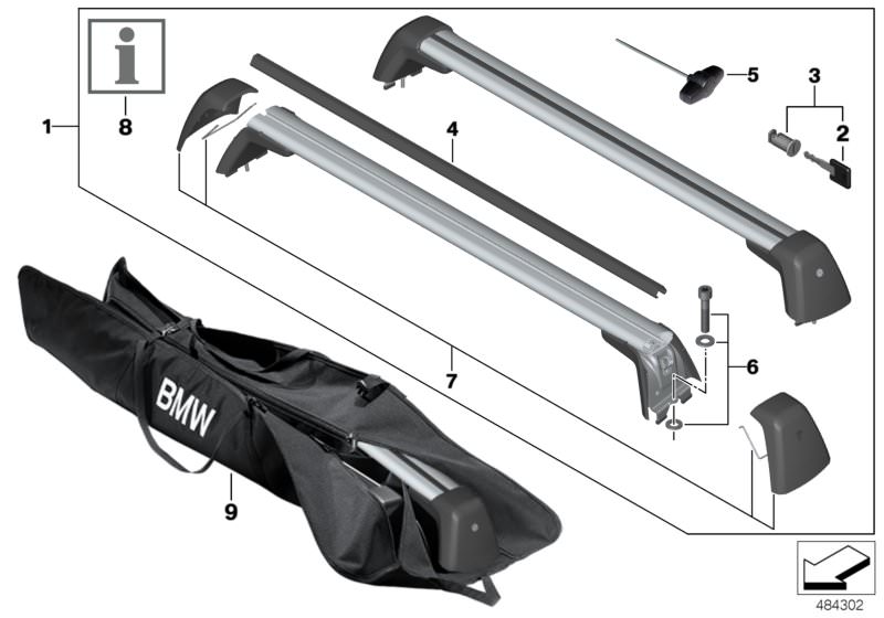 Picture board Roof rack for the BMW 5 Series models  Original BMW spare parts from the electronic parts catalog (ETK) for BMW motor vehicles (car) 