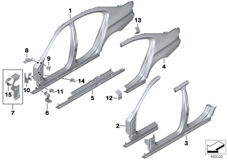 Picture board BODY-SIDE FRAME for the BMW 5 Series models  Original BMW spare parts from the electronic parts catalog (ETK) for BMW motor vehicles (car)   BODY-SIDE FRAME LEFT, Bracket, side panel column A, Bracket, side panel, entrance, Bracket, side pan