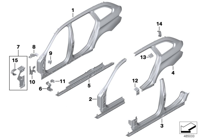 Picture board BODY-SIDE FRAME for the BMW 5 Series models  Original BMW spare parts from the electronic parts catalog (ETK) for BMW motor vehicles (car)   BODY-SIDE FRAME LEFT, Bracket, side panel column A, Bracket, side panel, centre right, Bracket, side