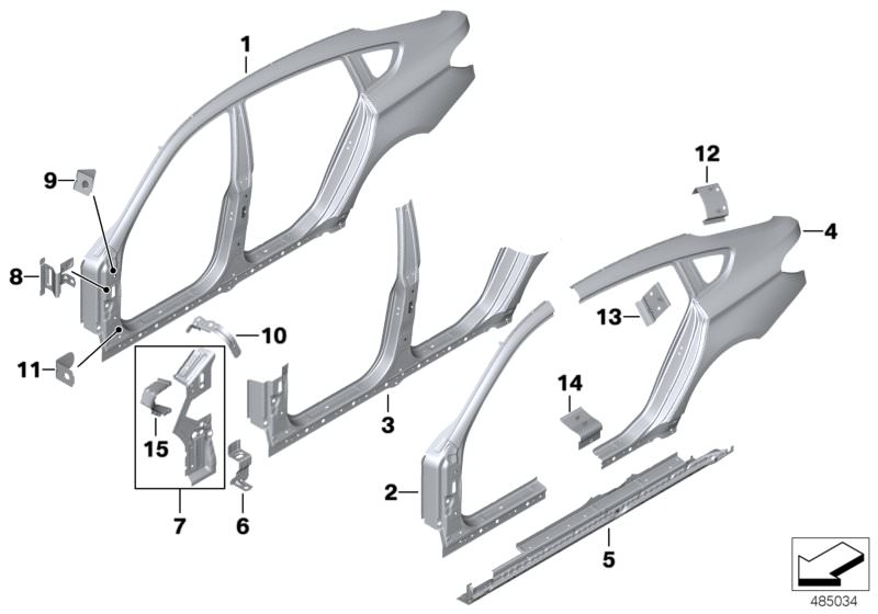 Picture board BODY-SIDE FRAME for the BMW 5 Series models  Original BMW spare parts from the electronic parts catalog (ETK) for BMW motor vehicles (car)   BODY-SIDE FRAME RIGHT, Bracket, side panel column A, Bracket, side panel, entrance left, Bracket, si