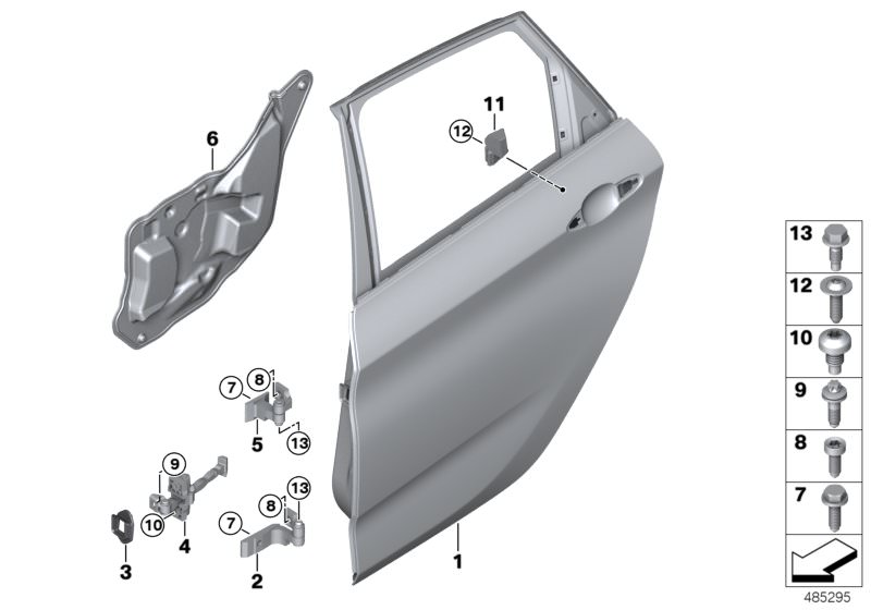 Picture board Rear door - hinge/door brake for the BMW 2 Series models  Original BMW spare parts from the electronic parts catalog (ETK) for BMW motor vehicles (car)   Door, rear left, Fillister head screw, Hexagon screw with flange, Hexagon screw with ta