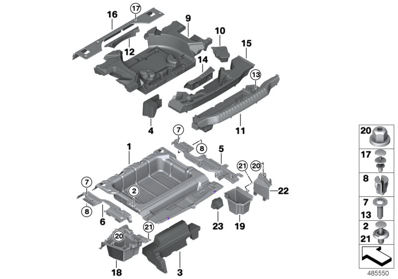 Bildtafel Ablage Gepäckraumboden für die BMW X Modelle  Original BMW Ersatzteile aus dem elektronischen Teilekatalog (ETK) für BMW Kraftfahrzeuge( Auto)    Ablagewanne Gepäckraumboden, Abstützung Einlegeboden Gepäckraum, Abstützung Verzuröse, Auflage Läng