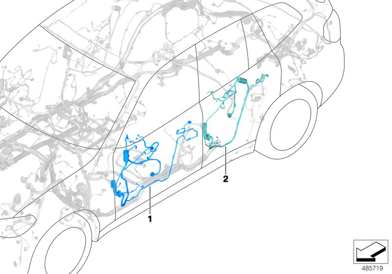 Illustration du Faisceaux de cables de porte pour les BMW X Série Modèles  Pièces de rechange d'origine BMW du catalogue de pièces électroniques (ETK) pour véhicules automobiles BMW (voiture)   Door cable harness, driver´s side, Door wiring harness, rear