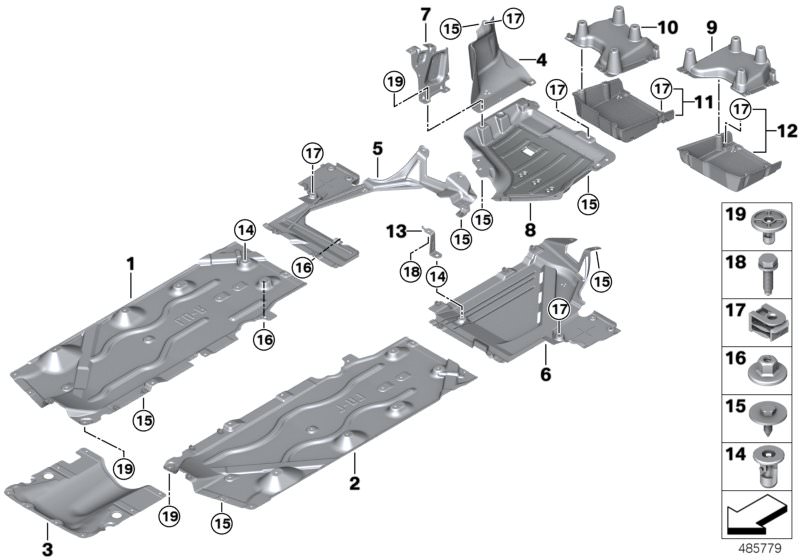 Picture board Underfloor coating for the BMW 2 Series models  Original BMW spare parts from the electronic parts catalog (ETK) for BMW motor vehicles (car)   C-clip plastic nut, Carrier, diffuser, left, Carrier, diffuser, right, Cover, diffuser, left, Cov