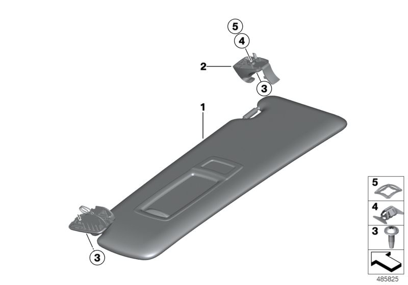 Picture board Sun visors for the BMW 3 Series models  Original BMW spare parts from the electronic parts catalog (ETK) for BMW motor vehicles (car)   Clip, Countersupport, sun visor, Left sun visor, Securing clip, Torx metal screw