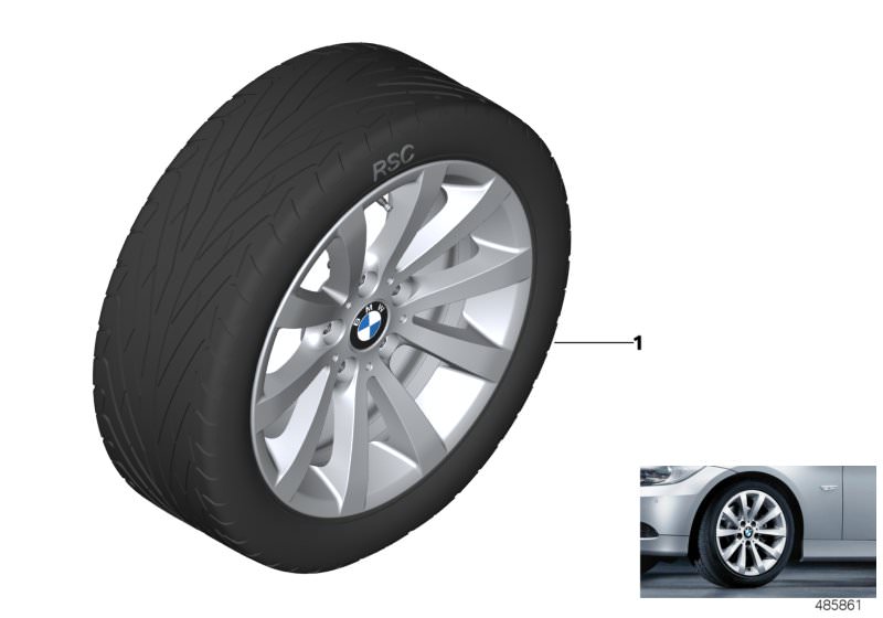 Picture board BMW LA wheel V-spoke 285 - 17´´ for the BMW 3 Series models  Original BMW spare parts from the electronic parts catalog (ETK) for BMW motor vehicles (car) 