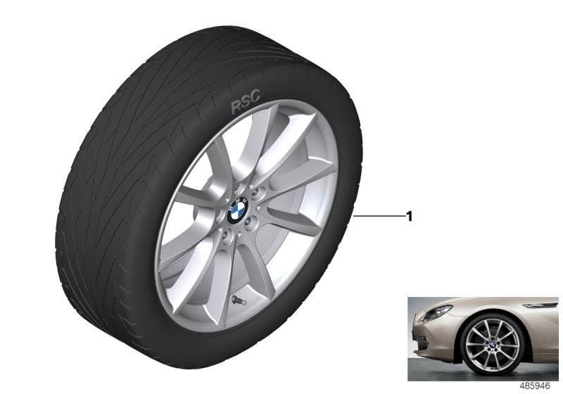 Illustration du BMW LA wheel, V-spoke 281 - 18´´ pour les BMW 6 Série Modèles  Pièces de rechange d'origine BMW du catalogue de pièces électroniques (ETK) pour véhicules automobiles BMW (voiture) 