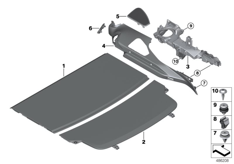 Picture board REAR WINDOW SHELF for the BMW 6 Series models  Original BMW spare parts from the electronic parts catalog (ETK) for BMW motor vehicles (car)   Carrier, capping, right, Clamp, Clip, Clip Natur, Fillister head screw with collar, Parcel shelf, 