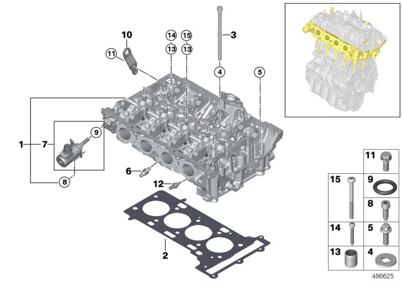 Picture board Cylinder head for the BMW 2 Series models  Original BMW spare parts from the electronic parts catalog (ETK) for BMW motor vehicles (car)   Actuator, ASA-Bolt, Coolant / oil temperature sensor, Countersunk screw, Cylinder head bolt, Cylinder 