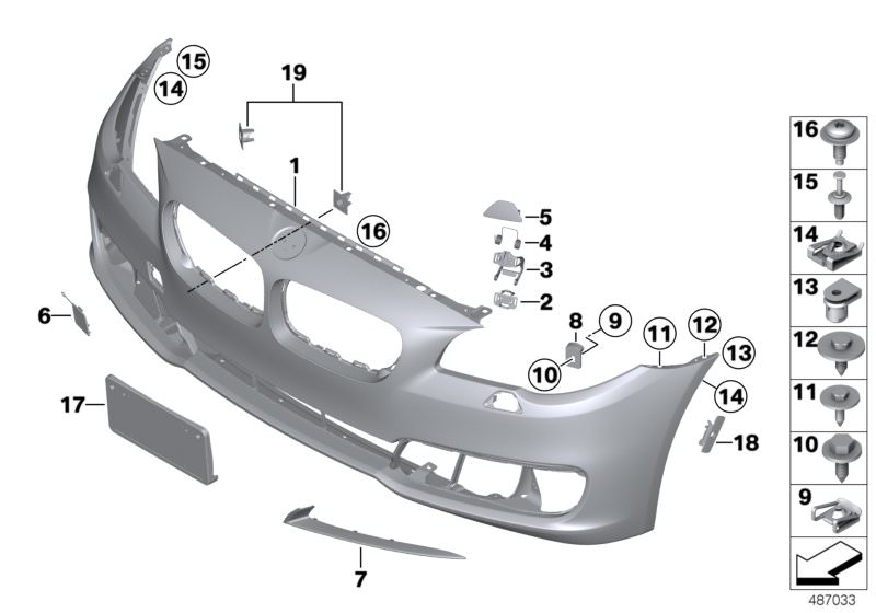 Picture board Trim panel, front for the BMW 5 Series models  Original BMW spare parts from the electronic parts catalog (ETK) for BMW motor vehicles (car)   Bracket, right, C-clip nut, C-clip nut, self-locking, Cover, towing lug, front, primed, COVERING P