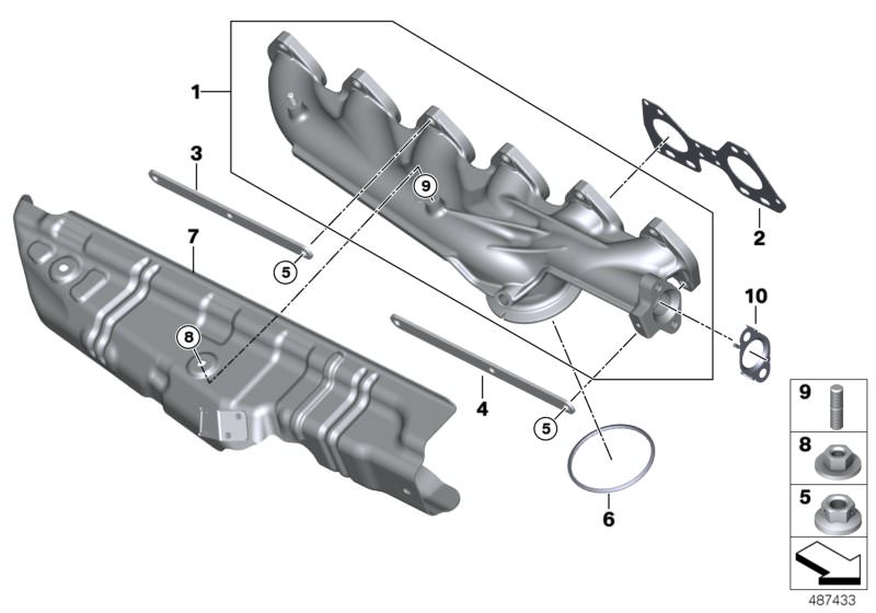 Picture board EXHAUST MANIFOLD-AGR for the BMW 5 Series models  Original BMW spare parts from the electronic parts catalog (ETK) for BMW motor vehicles (car)   Exhaust manifold, Flange nut, Gasket Steel, HEAT PROTECTION SHIELD, Hex nut, Reinforcement plat