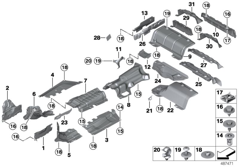 Illustration du Isolation thermique pour les BMW 4 Série Modèles  Pièces de rechange d'origine BMW du catalogue de pièces électroniques (ETK) pour véhicules automobiles BMW (voiture)   Body nut, C-clip nut, Damping element, Expanding nut, Expanding rivet,