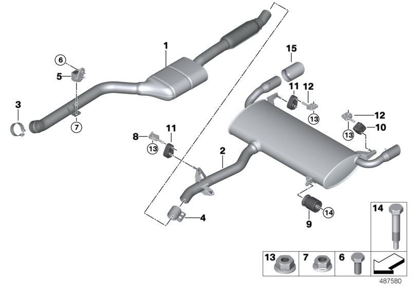 Picture board Exhaust system, rear for the BMW X Series models  Original BMW spare parts from the electronic parts catalog (ETK) for BMW motor vehicles (car)   Bracket, rear silencer, rear left, CLAMPING BUSH, Collar nut, Collar screw, Hex Bolt with washe