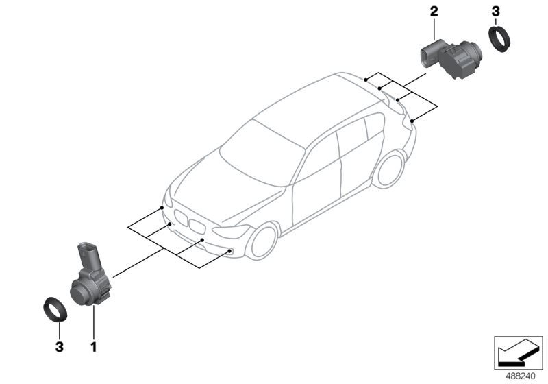 Bildtafel Ultraschallwandler für die BMW 1er Modelle  Original BMW Ersatzteile aus dem elektronischen Teilekatalog (ETK) für BMW Kraftfahrzeuge( Auto)    Entkopplungsring PDC Wandler, Ultraschallwandler