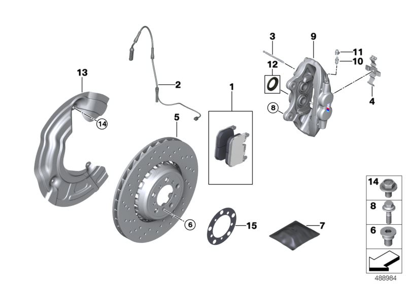 Picture board Front wheel brake for the BMW 2 Series models  Original BMW spare parts from the electronic parts catalog (ETK) for BMW motor vehicles (car)   Bleeder valve, Bracing spring, Brake disc ventilated, perforated, right, Brake pad wear sensor, fr