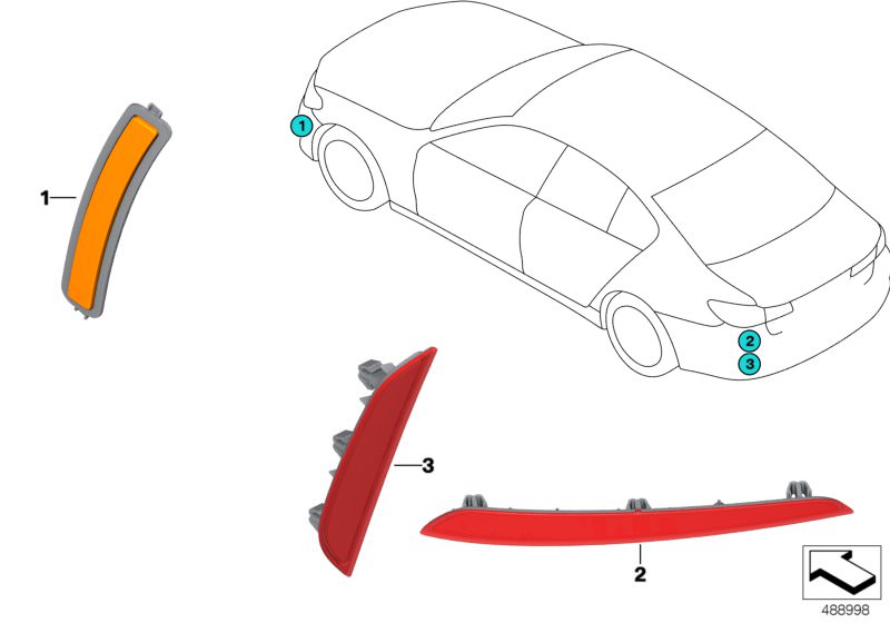 Illustration du Reflecteur pour les BMW 5 Série Modèles  Pièces de rechange d'origine BMW du catalogue de pièces électroniques (ETK) pour véhicules automobiles BMW (voiture)   Rear reflector, rear left