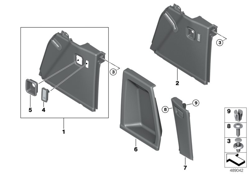 Picture board Trunk trim panel, right for the BMW X Series models  Original BMW spare parts from the electronic parts catalog (ETK) for BMW motor vehicles (car)   Cover, D-column bottom right, Covering right, Expanding nut, Expanding rivet, Fillister head