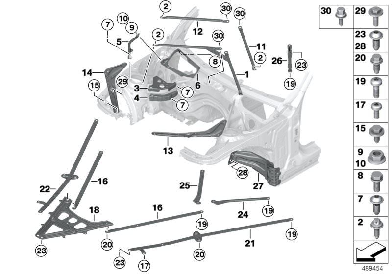 Picture board Brace for body front end for the BMW 4 Series models  Original BMW spare parts from the electronic parts catalog (ETK) for BMW motor vehicles (car)   Cross-brace, left, Cross-brace, right, Fillister head screw, Front end strut, left, Front e