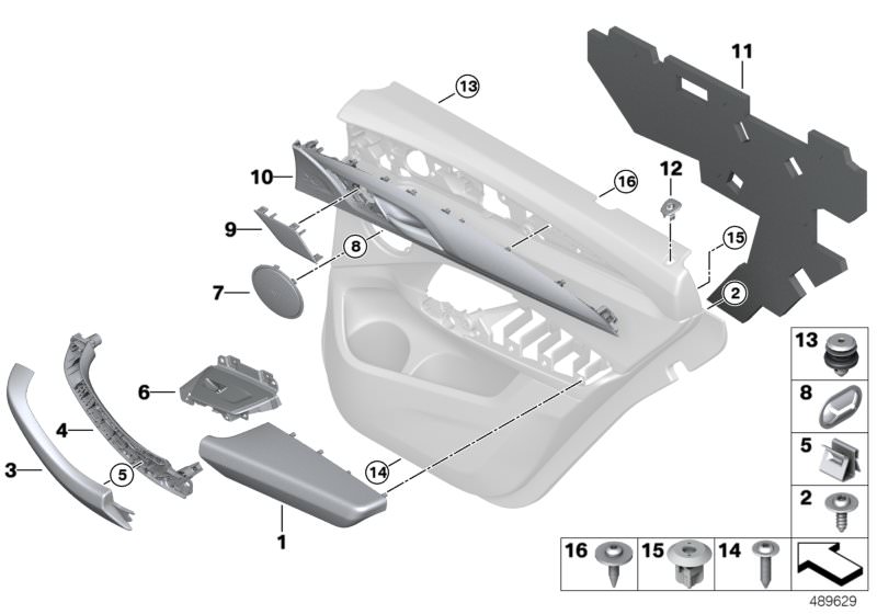 Picture board Mounting parts, door trim, rear for the BMW X Series models  Original BMW spare parts from the electronic parts catalog (ETK) for BMW motor vehicles (car)   Acoustic fleece, rear right, Armrest, left, Carrier, door pull, right, Clamp, Cover,