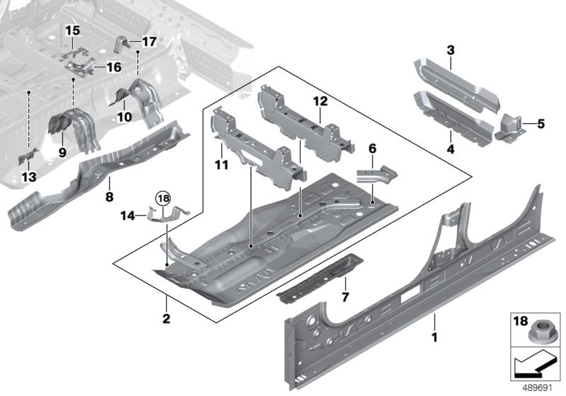 Picture board Floorpan assembly for the BMW X Series models  Original BMW spare parts from the electronic parts catalog (ETK) for BMW motor vehicles (car)   Bracket f shifting arm bearing, Bracket for propel. shaft centre bearing, Connection plate right, 