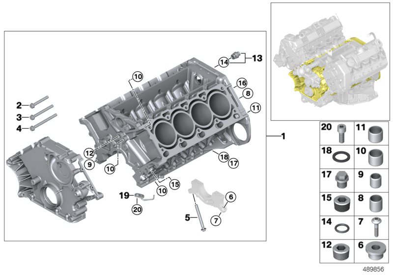 Picture board Engine block for the BMW 6 Series models  Original BMW spare parts from the electronic parts catalog (ETK) for BMW motor vehicles (car)   Collar screw, Control valve with O-ring, Dowel, Engine block with piston, Gasket ring, Hex Bolt with wa