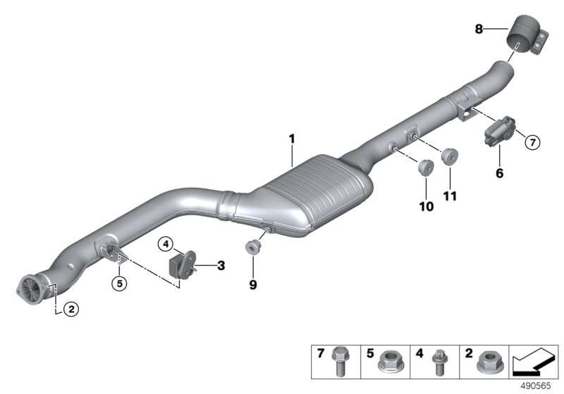 Picture board Catalytic converter/front silencer for the BMW X Series models  Original BMW spare parts from the electronic parts catalog (ETK) for BMW motor vehicles (car)   Actuator drive, exhaust flap, Clamping bush, Collar nut, Exchange catalytic conve